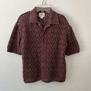 BDG Open Knit Polo Cardigan Sweater Small Chocolate Brown Collared